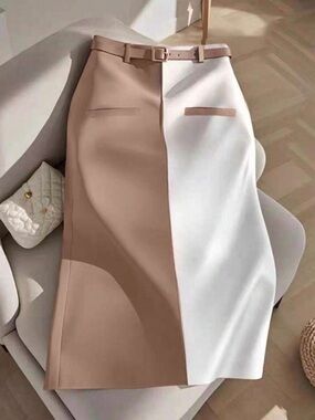 Two-Tone Beige and White Pencil Skirt with Belt